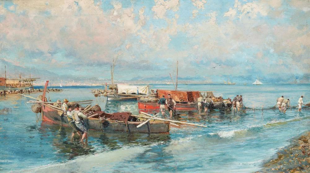 226-Pescatori accanto alle loro barche di fronte a Napoli.